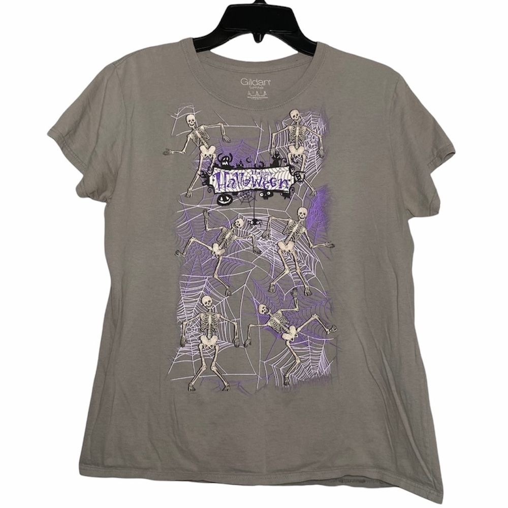 Happy Halloween t-shirt skeleton spider web Gray L